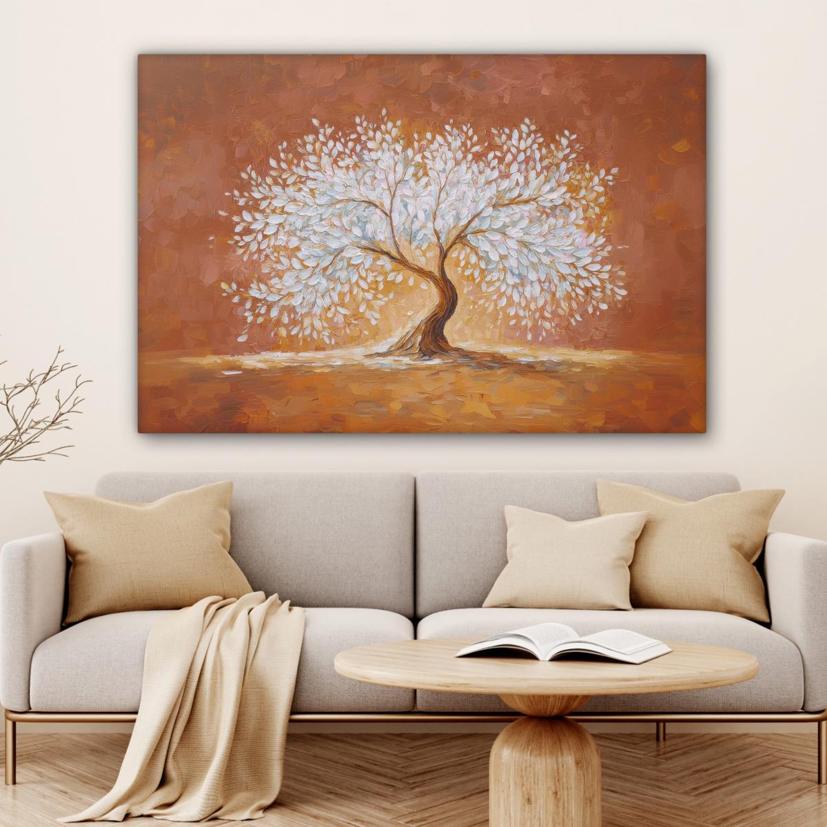 LEINWANDBILD Abstrakt - Baum - Weiß - Blätter Wohnzimmer Groß 120x80 cm - Braun, Textil (120/80cm) - MuchoWow