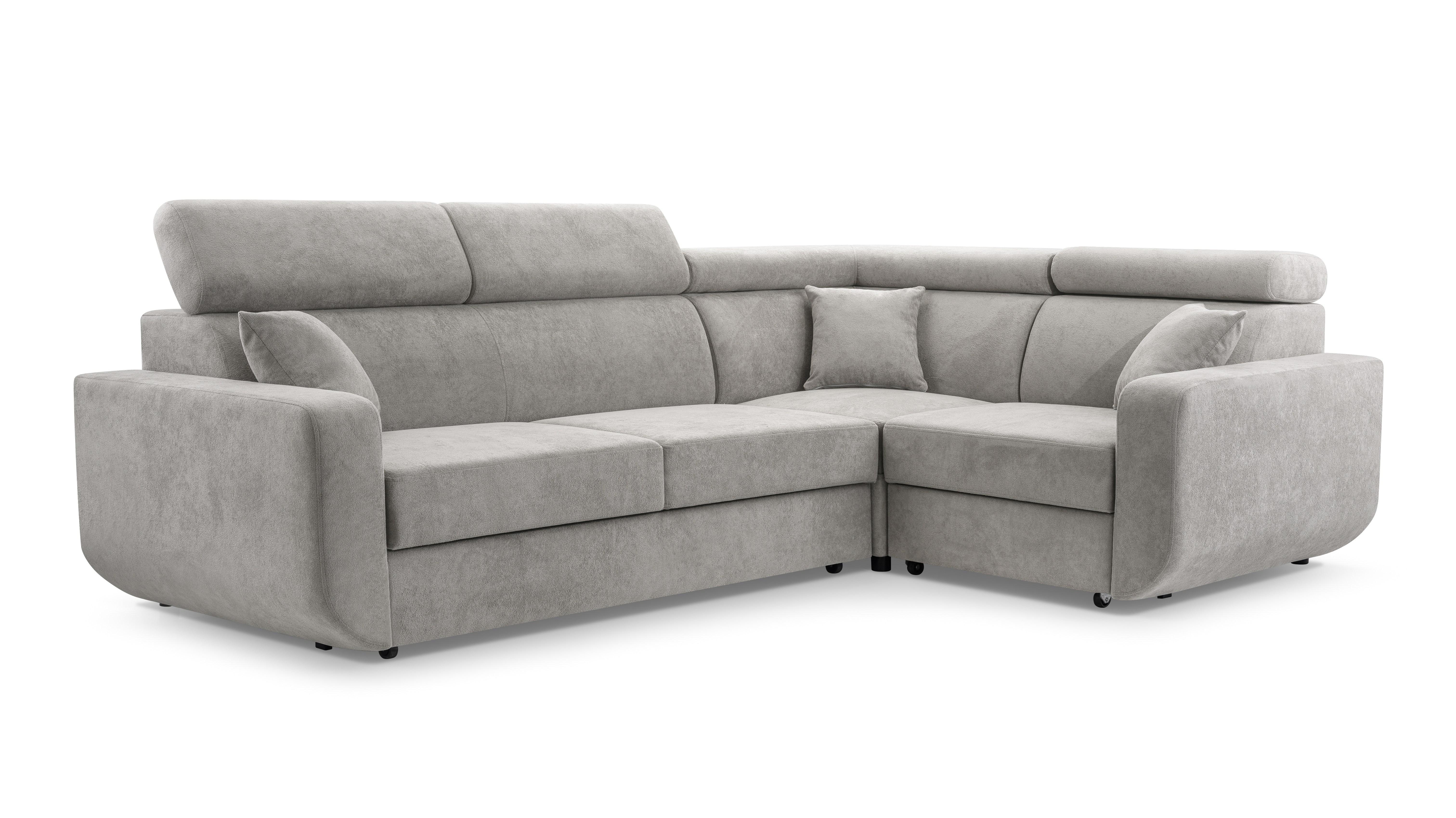 ECKSOFA RENO Grau Plüsch-Stoff mit Schlaffunktion - Grau, Holz (263/184cm) - MASSENO
