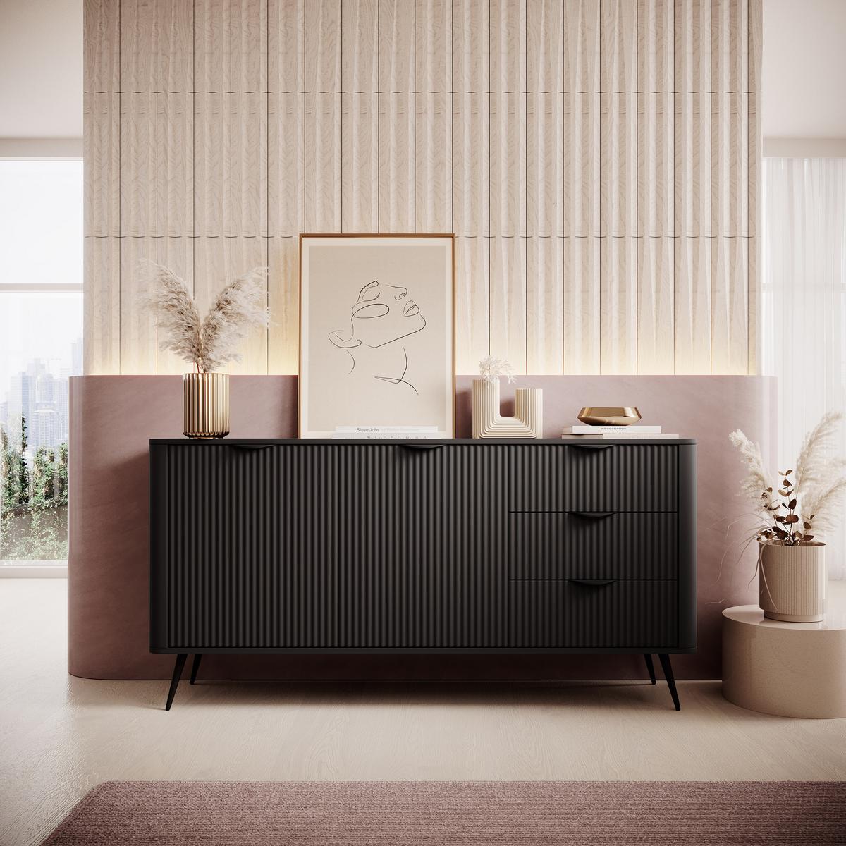 SIDEBOARD LANTANA 163/81/38 cm mit 3 Schubladen und 2 Türen Schwarz - Schwarz, Holzwerkstoff (163/81/38cm) - MASSENO
