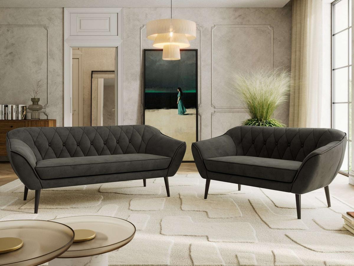 SITZGARNITUR PIRS 3+2 - Dunkelgrau Velvet - Schwarze Beine - Dunkelgrau/Schwarz, Holzwerkstoff/Textil (180/75/74cm) - MKS