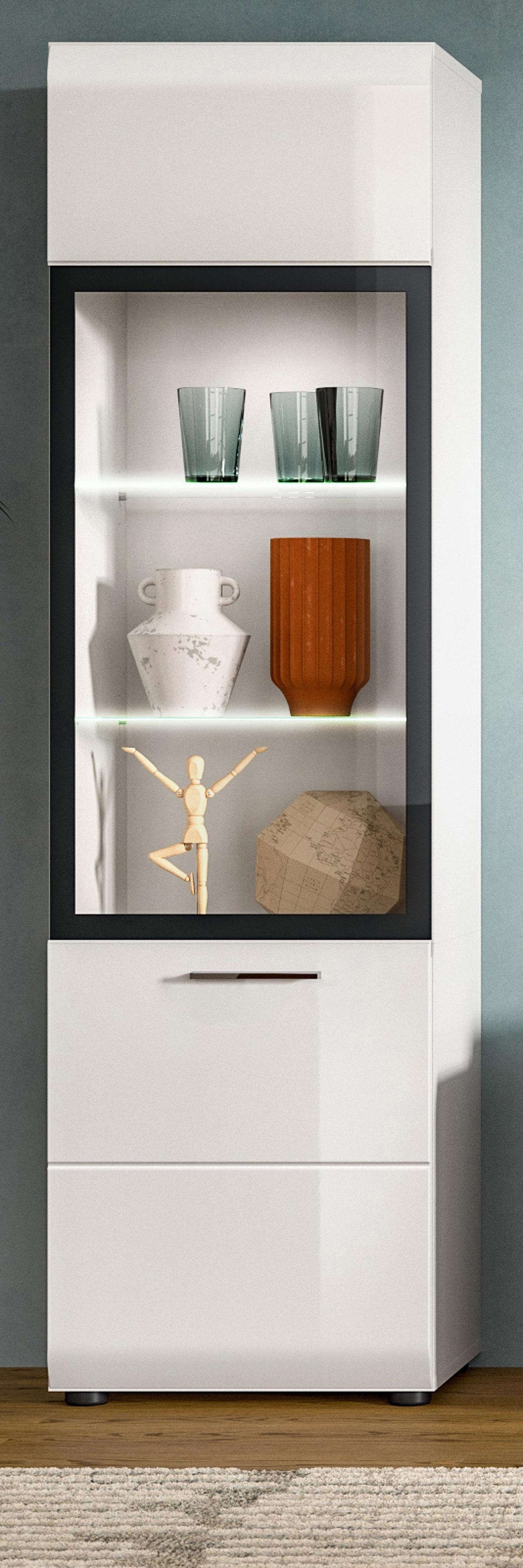 VITRINE weiß Hochglanz 45 x 160 cm, Vitrinenschrank mit 6 Fächern - Weiß Hochglanz/Silberfarben, Glas/Holzwerkstoff (45/160/34cm) - Inn.Furn