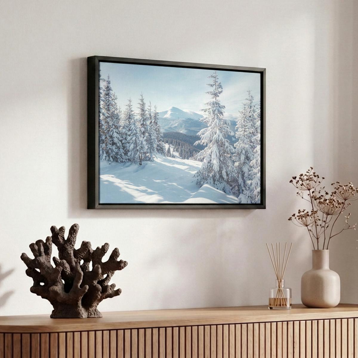 LEINWAND Bilder mit Rahmen - Winterlandschaft - Natur - Berge - Bäume - Schnee - 30x20 - Hellblau, Textil (30/20cm) - MuchoWow