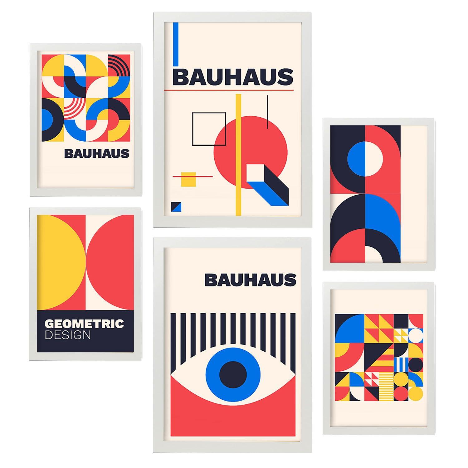 POSTER Set Mit 6 Drucken Im Bauhaus 3 Geometrische Designkollektion Drucke Mit Frames Ästhetische Dekorative Rahmen Für Zuhause A3 & A4 Weißer Rahmen - Weiß, Papier (29/3cm) - Nacnic
