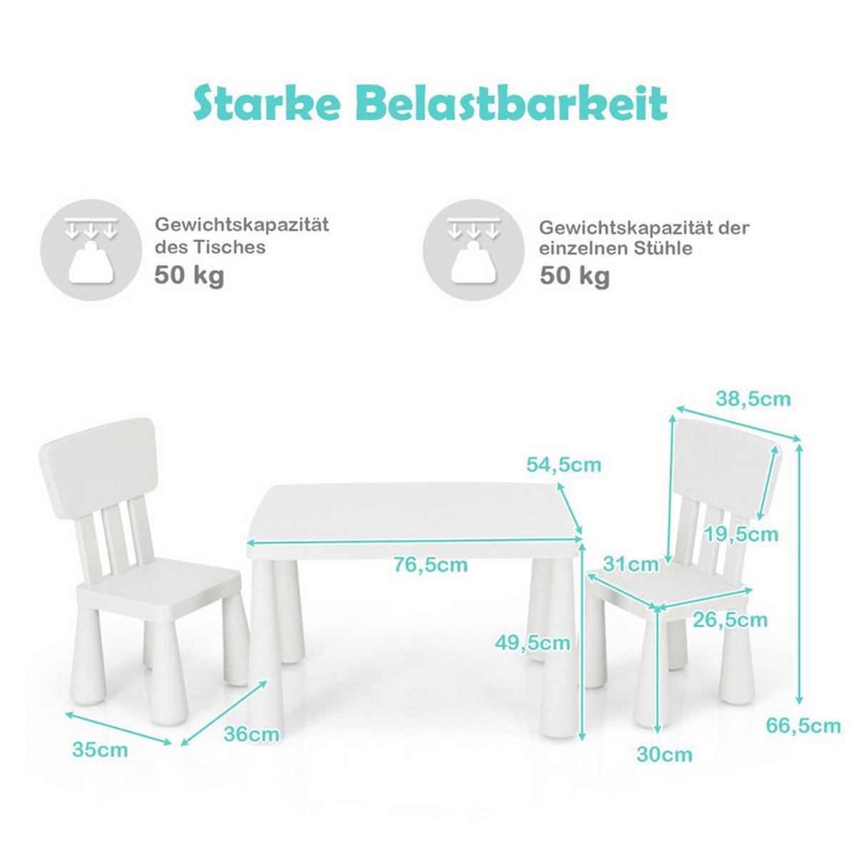 KINDERTISCH mit 2 Stühlen weiß(3-tlg) - Weiß, Kunststoff (76.5/49.5/54.5cm) - COSTWAY