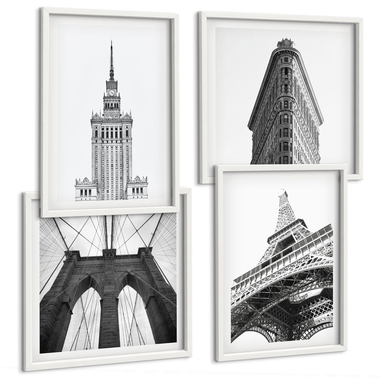 BILDER SET 4er Set - 50x50 cm & 40x60 cm Weißer Rahmen - Architektur Schwarz-Weiß-Minimalismus - Weiß, Kunststoff (50/50cm) - TULUP