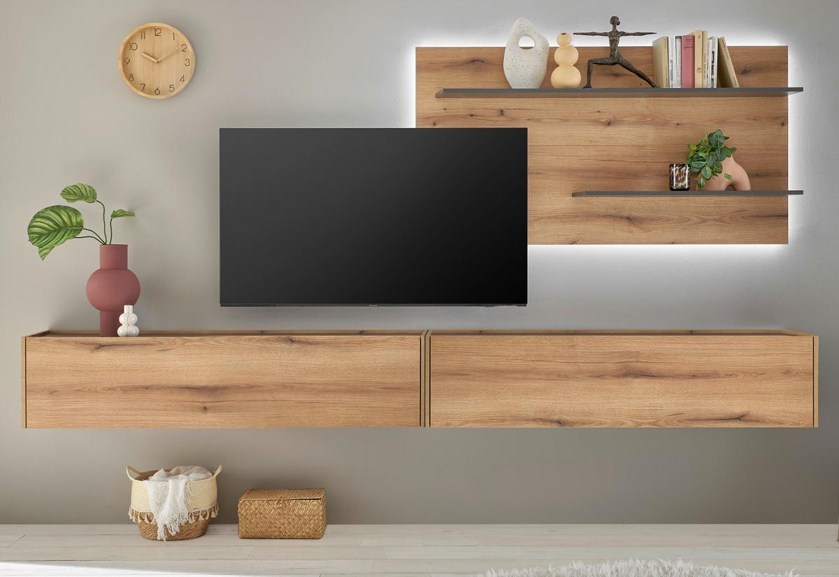 WOHNWAND Evoke Eiche, grau 3-teilig 300 cm hängend, Set inklusive Beleuchtung - Eichefarben/Grau, Holzwerkstoff/Metall (300/180/30cm) - Furn.Design