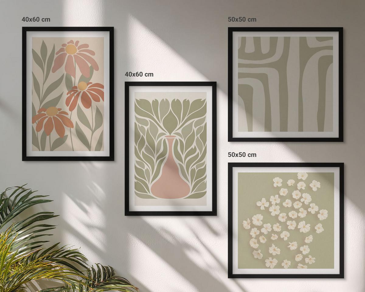 BILDER SET 4er Set - 50x50 cm & 40x60 cm Schwarzer Rahmen - Floraler minimalistischer Boho-Stil - Schwarz, Kunststoff (50/50cm) - TULUP