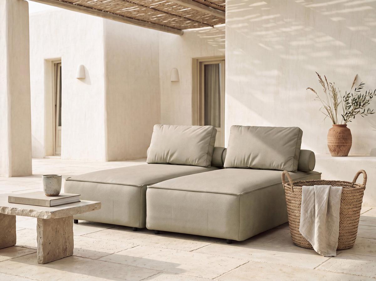 GARTENLIEGE Lorento 2er-Set Outdoor Polster-Doppelliege, Taupe Beige Kunstleder 184/73/195 cm - Taupe, Textil (92/73/195cm) - WFL GROUP