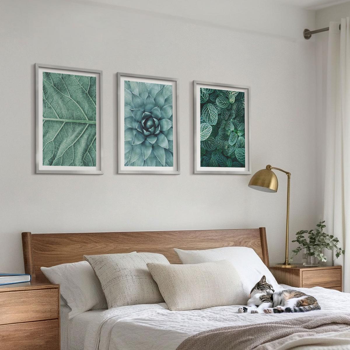 BILDER SET 3er Set - 40x60 cm Silberner Rahmen - Nahaufnahme von Pflanzenblättern - Silberfarben, Kunststoff (40/60cm) - TULUP