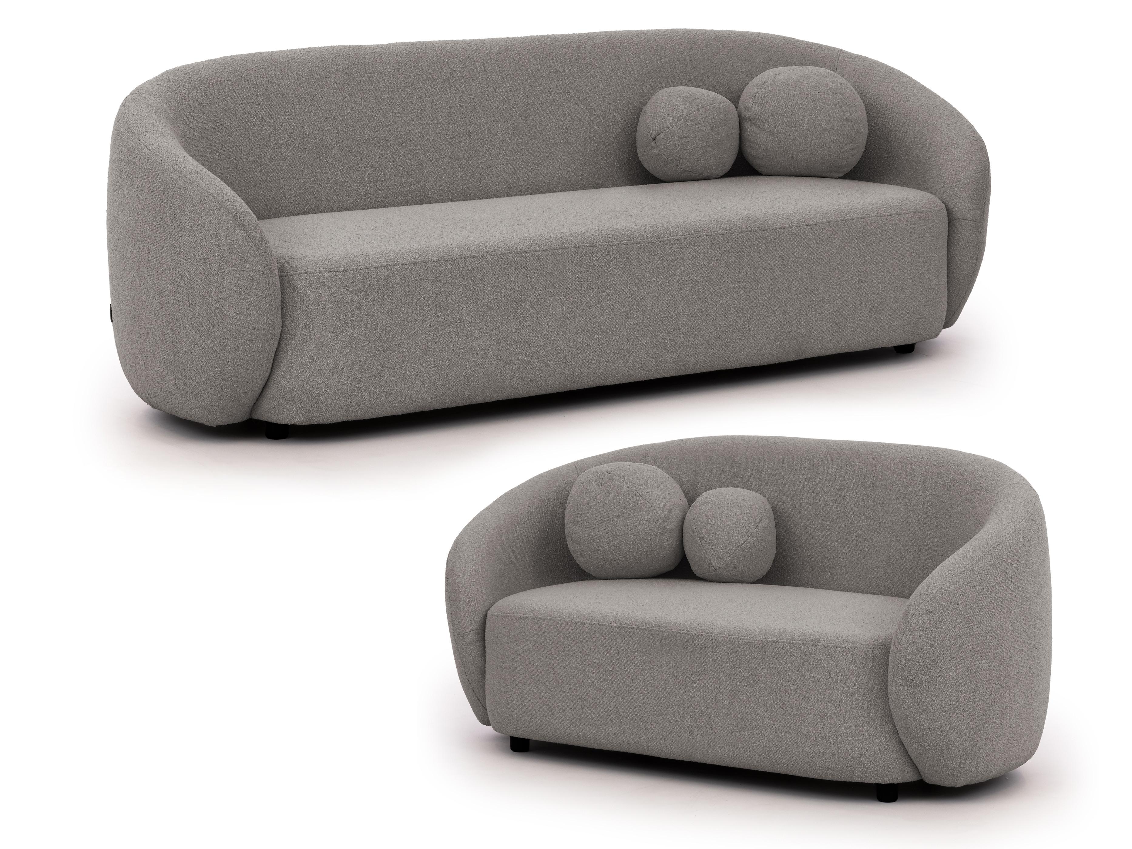 SITZGARNITUR 3+2 Roundi Grau Bouclé - Schwarz/Grau, Holz/Kunststoff (208/76/80cm) - S-Style