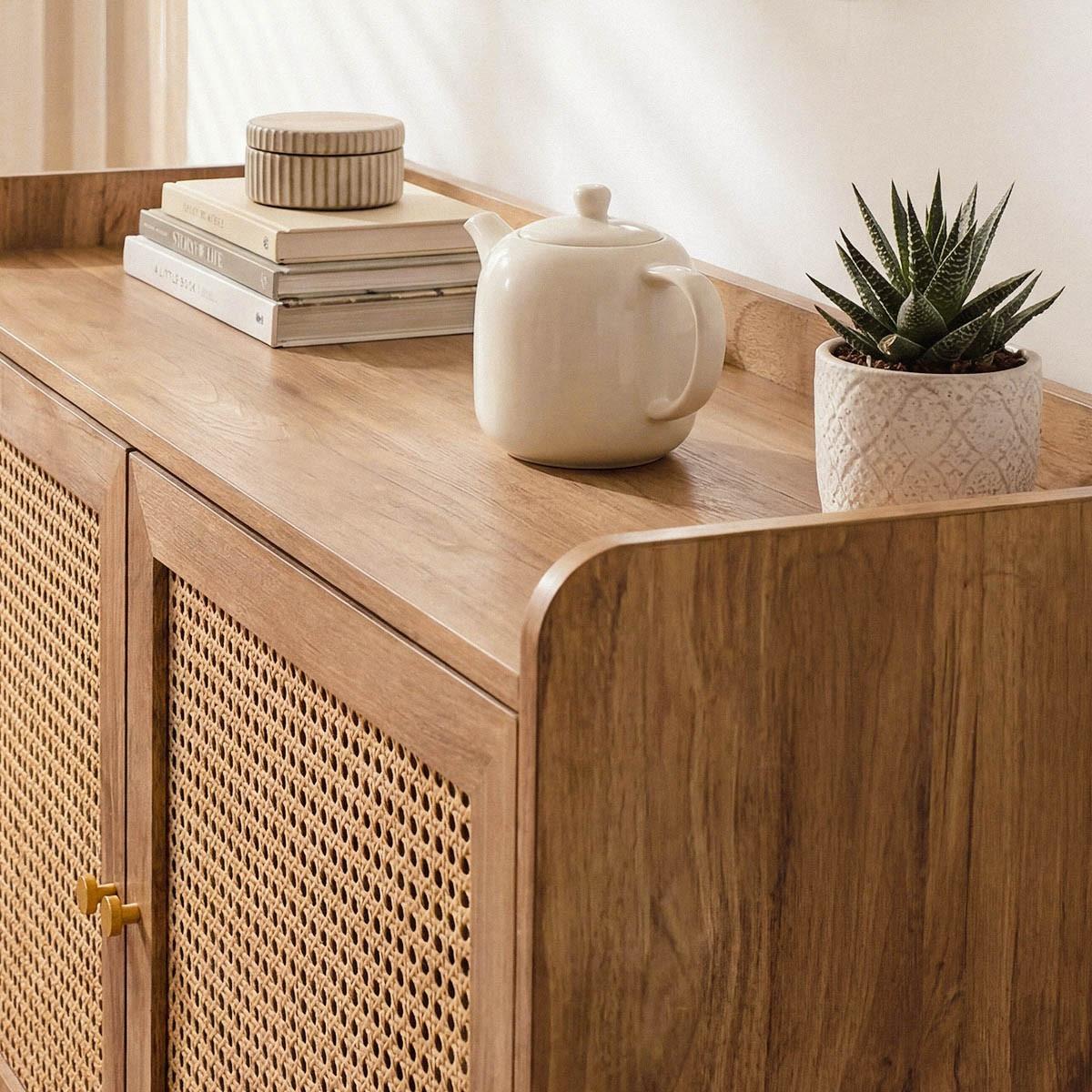 SIDEBOARD 2 Türen mit Rattan-Geflecht L110 cm - PALMO - Apfelbaumfarben, Holzwerkstoff (39/74.5/110cm) - Calicosy