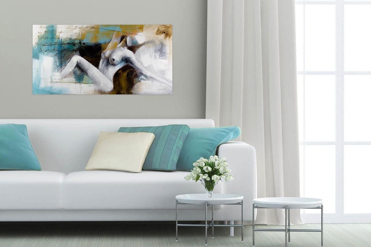 ÖLGEMÄLDE 120/60 cm - Petrol/Weiß, Holz/Textil (120/60cm) - KUNSTLOFT