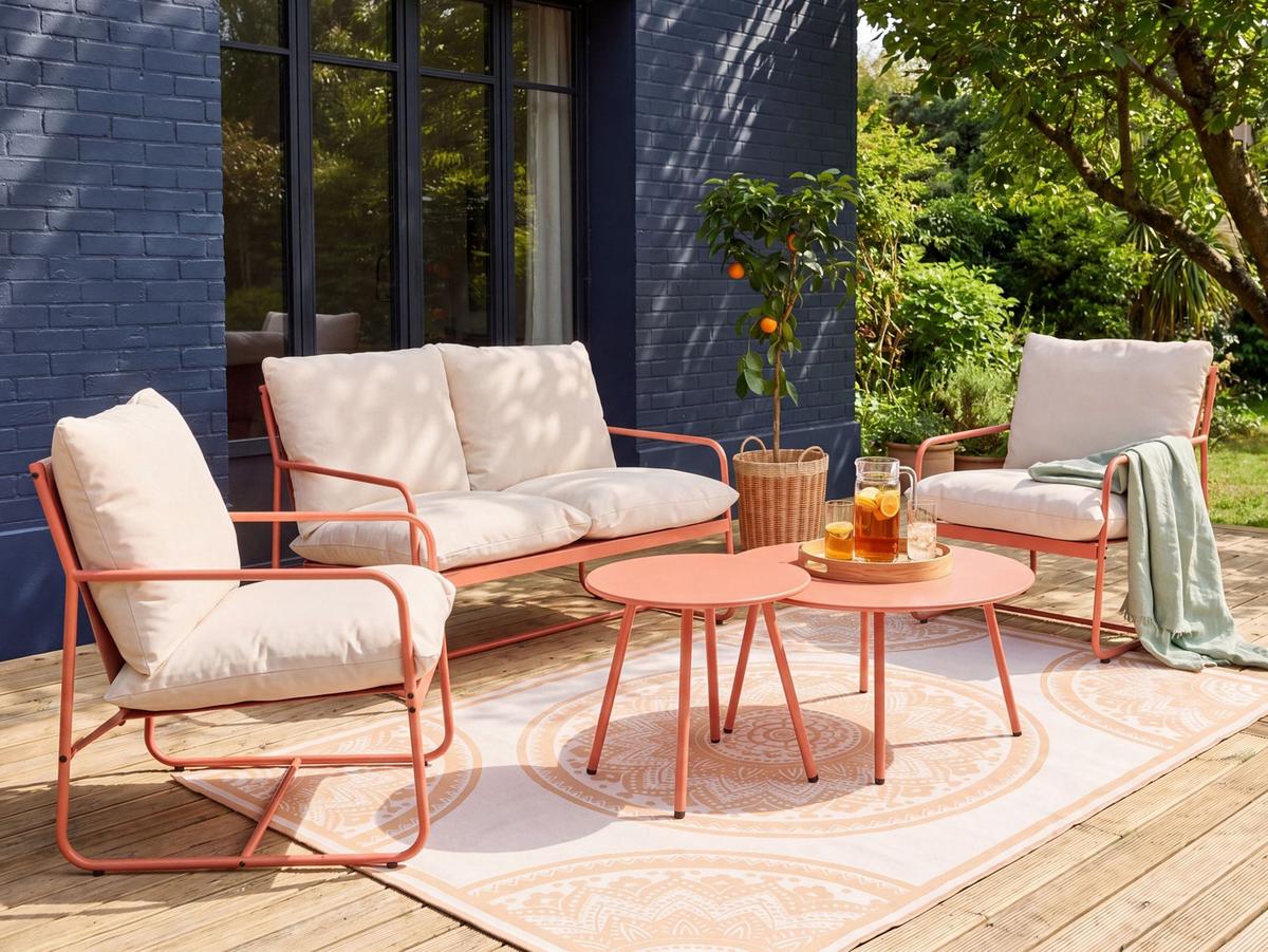 GARTENSOFA Set 4-Sitzer mit Tischen Metall Korallenrot Formello - Koralle/Beige, Metall - Beliani