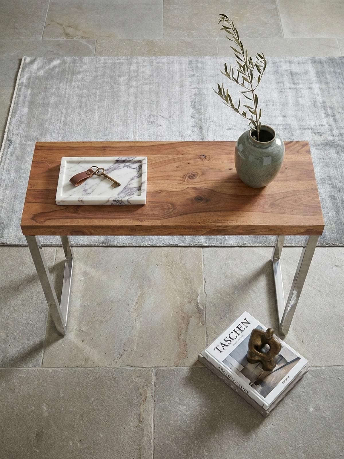 KONSOLENTISCH Massivholz Chromgestell Handgefertigt ISEN, Beige 120x45x77 cm - Beige/Silberfarben, Holz/Metall (45/120/77cm) - KADIMA DESIGN