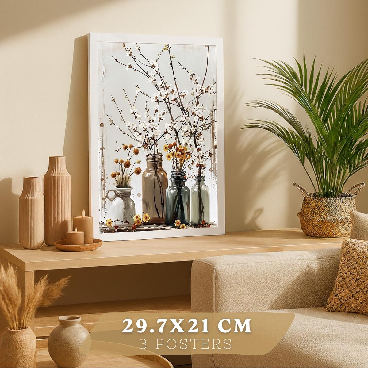 POSTER 3er Bilder-Set Wandbilder Blumen Vasen modern Wohnzimmer Deko, Schlafzimmer, Küche, Badezimmer Weißer Rahmen A3 - Weiß, Papier (29.7/1/42cm) - Nacnic