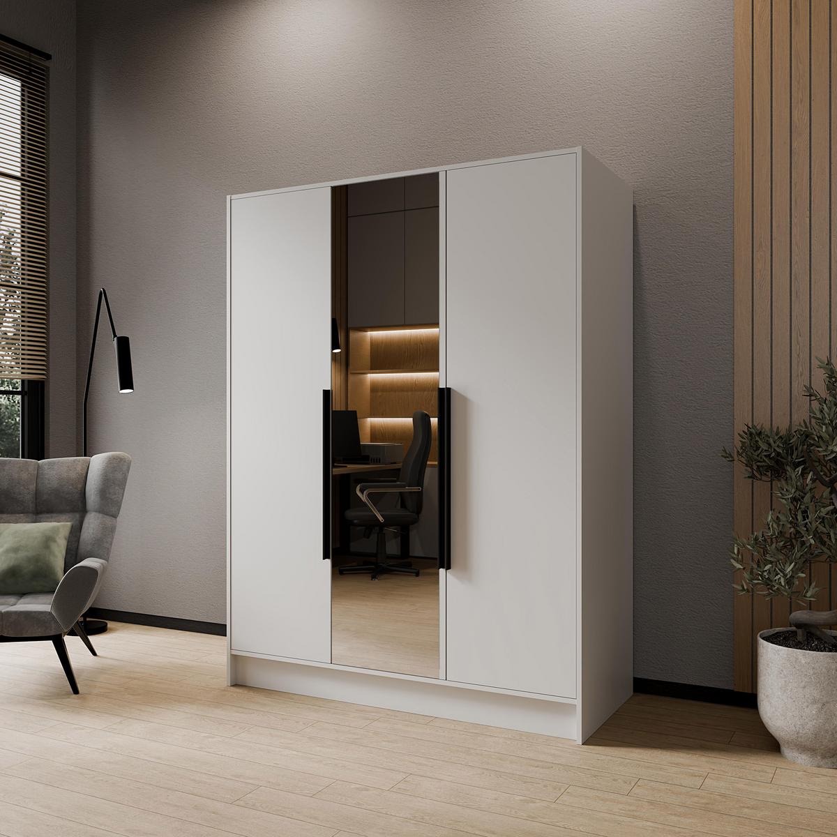 DREHTÜRENSCHRANK Laro mit Spiegel, Weiß mit mit schwarzen Griffen, 150 cm - Weiß, Holzwerkstoff (150/200/51cm) - Beautysofa
