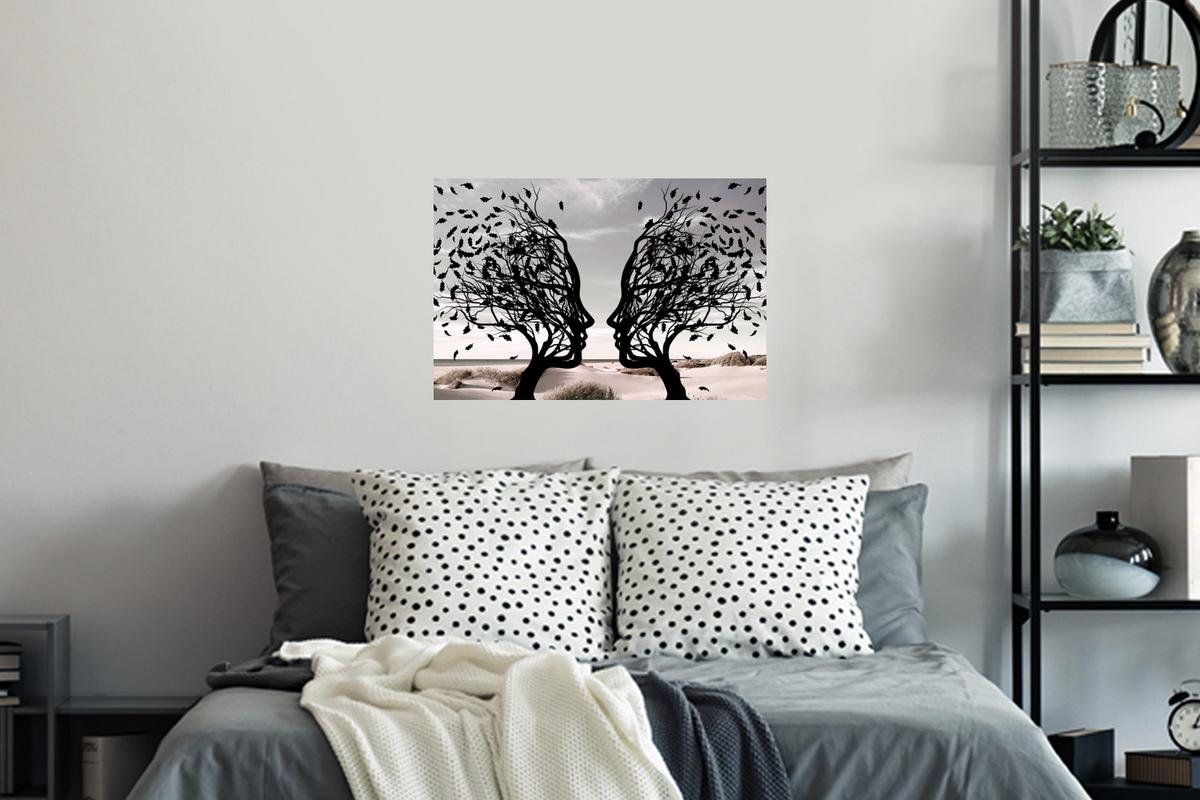 WANDTATTOO Strand - Meer - Menschen - Baum - Moderne Kunst Deko Wohnzimmer 60x40 cm - Hellgrau, Kunststoff (60/40/0.1cm) - MuchoWow