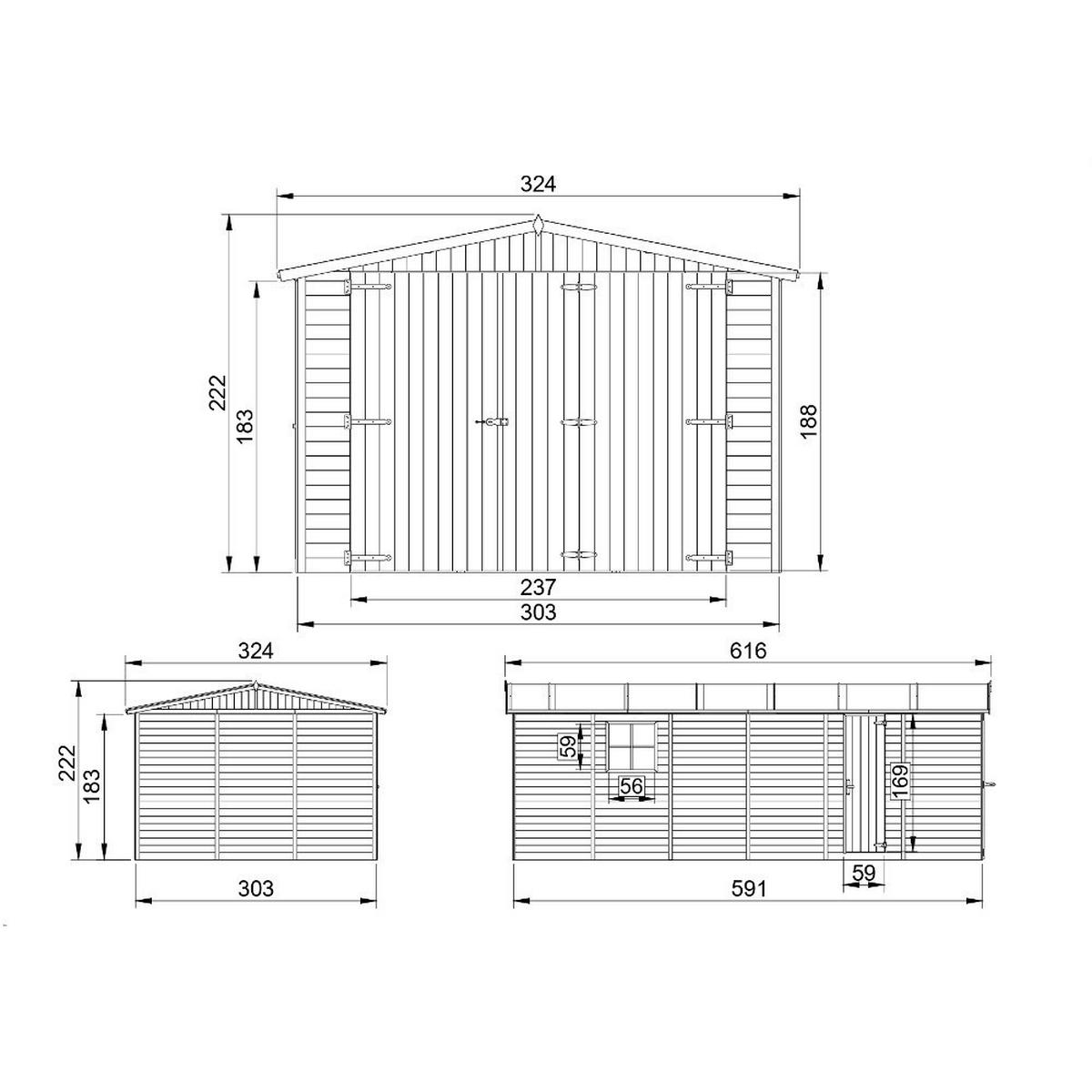 HOLZGARAGE Abstellraum mit Fenstern- H222x616x324 cm /18 m2 - M102 - Naturfarben, Holz (303/183/591cm) - Timbela