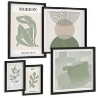 BILDER SET 5er Set - 50x50 cm & 20x30 cm & 40x60 cm Schwarzer Rahmen - Stilvolle abstrakte Pflanzengrafiken - Schwarz, Kunststoff (40/60cm) - TULUP