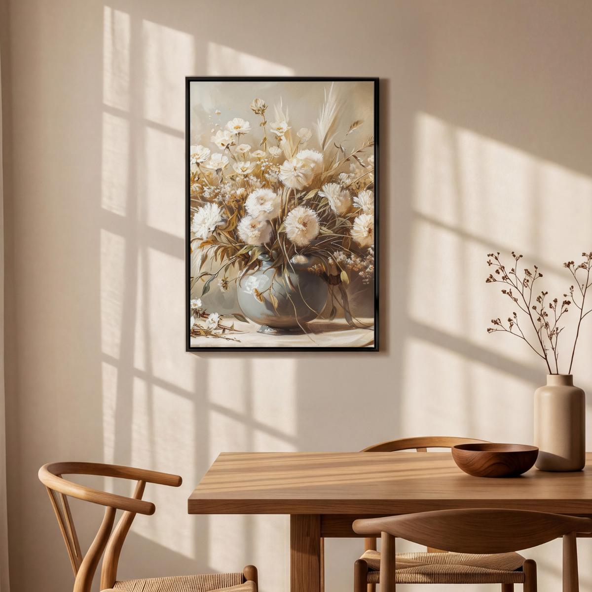 LEINWAND Bilder mit Rahmen - Blumen - Vase - Stilleben - Beige - 60x90 - Creme, Textil (60/90cm) - MuchoWow