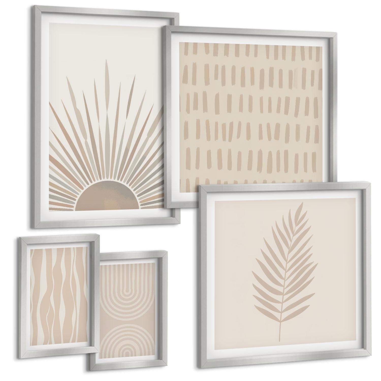 BILDER SET 5er Set - 50x50 cm & 20x30 cm & 40x60 cm Silberner Rahmen - Beige Pflanzenmuster - Silberfarben, Kunststoff (40/60cm) - TULUP