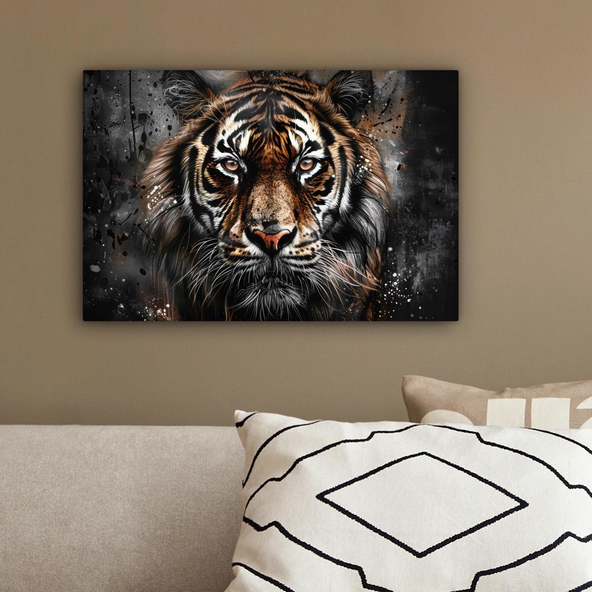LEINWANDBILD Tiger - Tiere - Porträt - Luxus - Schwarz Deko Schlafzimmer 30x20 cm - Anthrazit, Textil (30/20cm) - MuchoWow