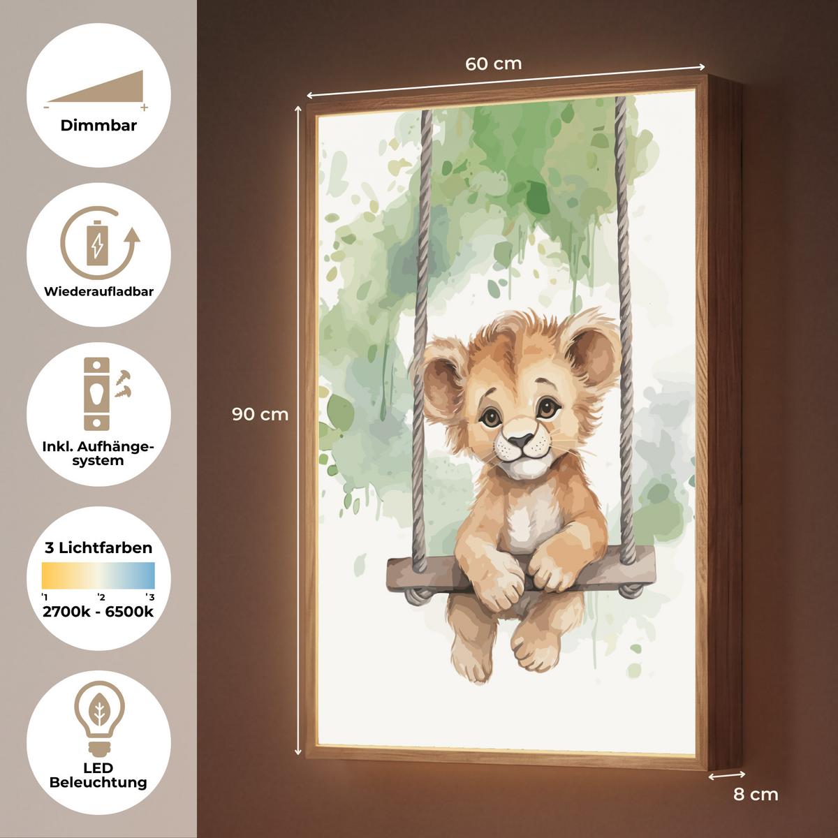WANDLEUCHTE MIT AKKU Löwe - Tier - Kinder - Dschungel 60x90 cm - Weiß, Holzwerkstoff (60/90/8cm) - OnlyWow