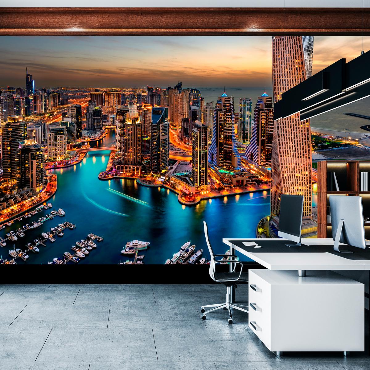 FOTOTAPETE für Büro Hochhäuser Dubai Marina Hafen Lichter Modern 150x105 - Türkis/Gelb, Papier (150/105cm) - Muralo