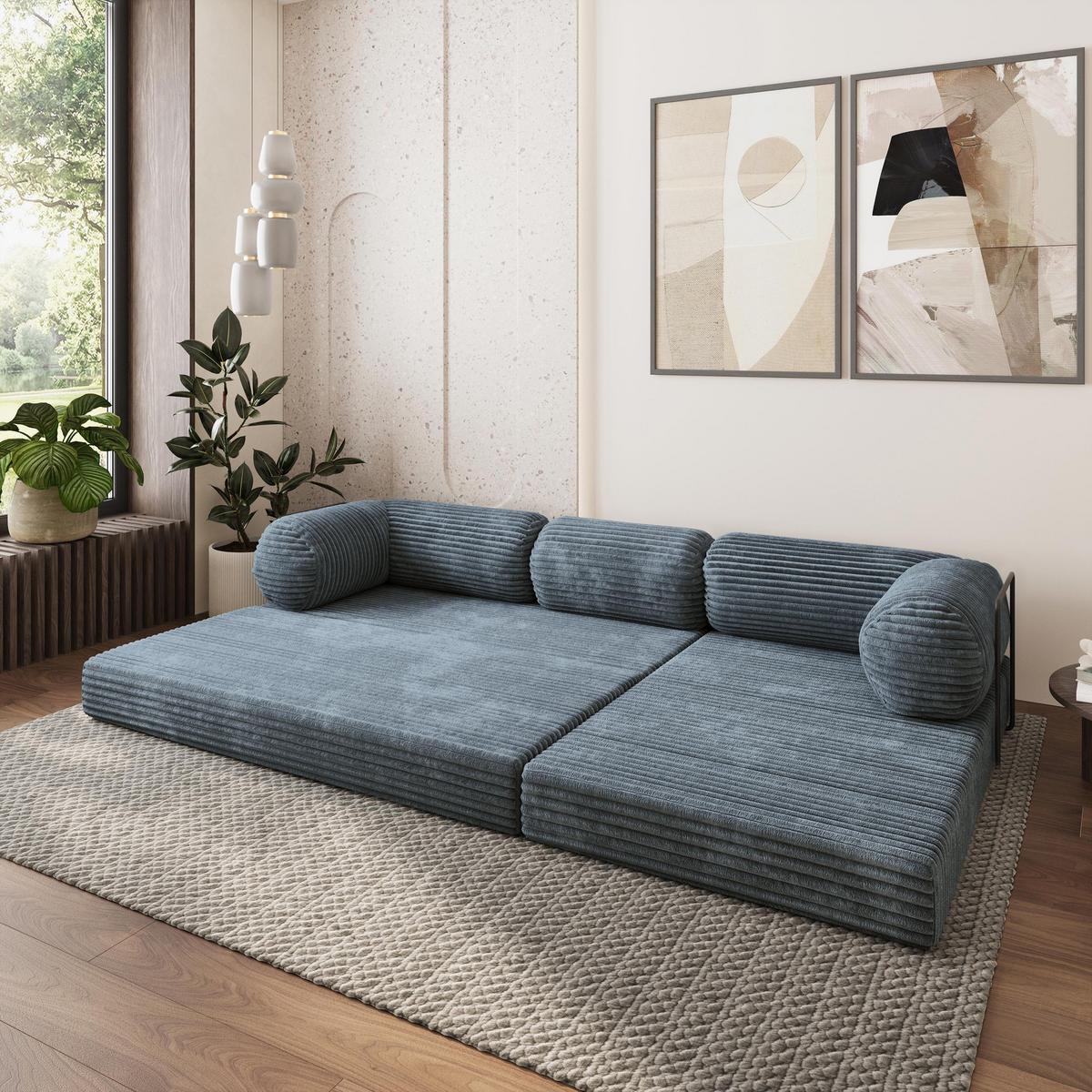 ECKSOFA ETERA modulares Boneless Sofa mit Schlaffunktion Grau Kordstoff - Blaugrau, Textil (270/160cm) - MASSENO