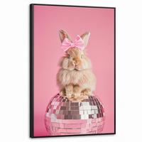 LEINWAND Bilder mit Rahmen - Schleife - Discoball - Kaninchen - 60x90 - Pink, Textil (60/90cm) - MuchoWow