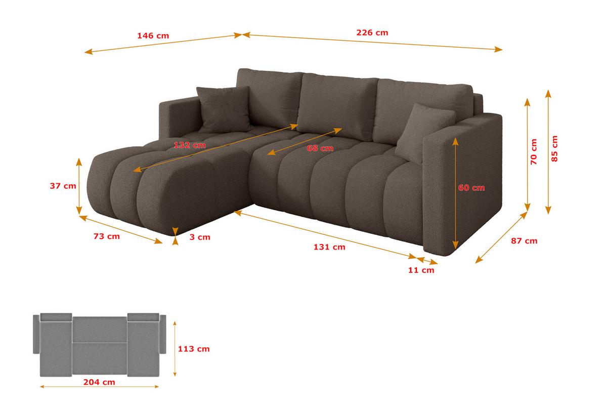ECKSOFA mit Schlaffunktion Ottomane Links GARD-L 226x146x85 Braun Bouclé - Schwarz/Braun, Holzwerkstoff/Kunststoff (226/146cm) - ALTDECOR