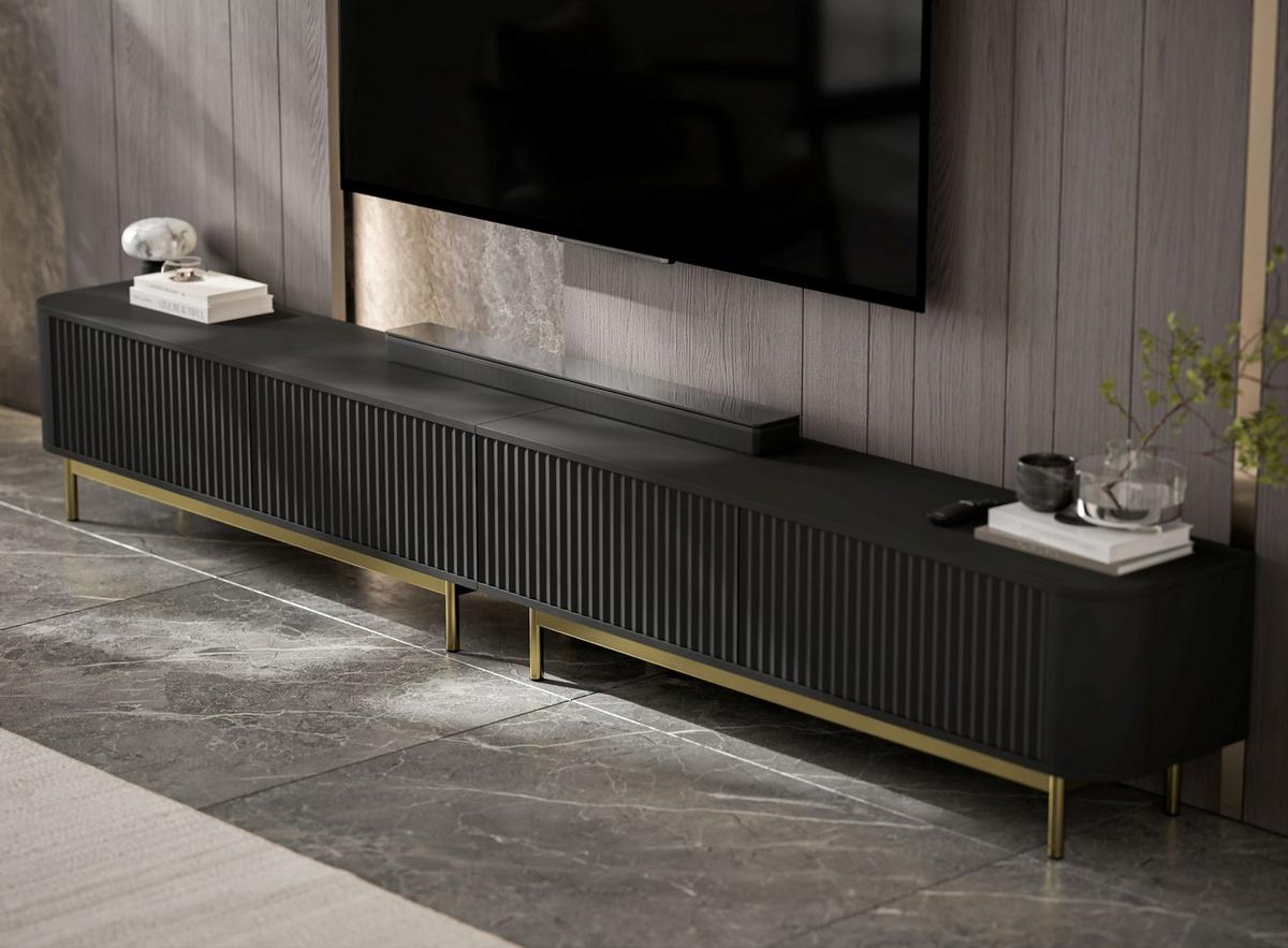 TV-LOWBOARD 2er-Set Aurora Schwarz matt 280 cm mit Metallrahmen - Goldfarben/Schwarz, Holzwerkstoff/Metall (280/44/35cm) - Meble Lindner