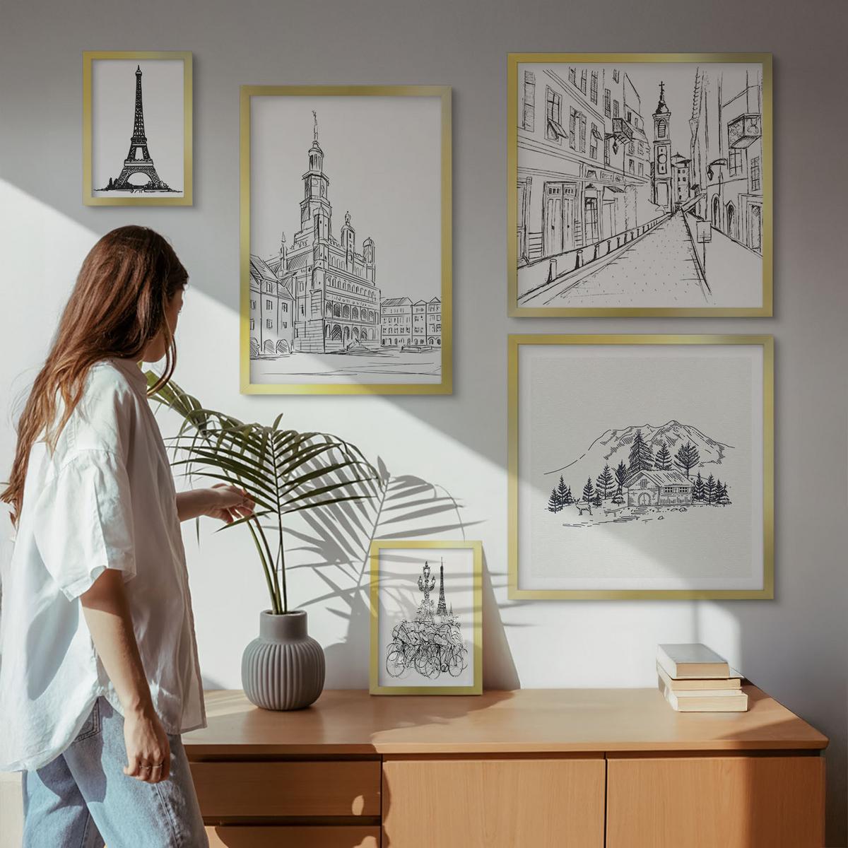 BILDER SET 5er Set - 50x50 cm & 20x30 cm & 40x60 cm Goldrahmen - Abstrakte Gemäldekompositionen - Goldfarben, Kunststoff (40/60cm) - TULUP