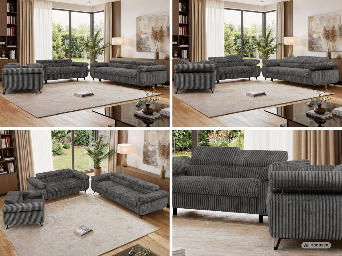 SITZGARNITUR PETER 1+2+3 mit Schlaffunktion - Grau Cord - Schwarz/Grau, Textil/Metall (262/76/99cm) - MKS