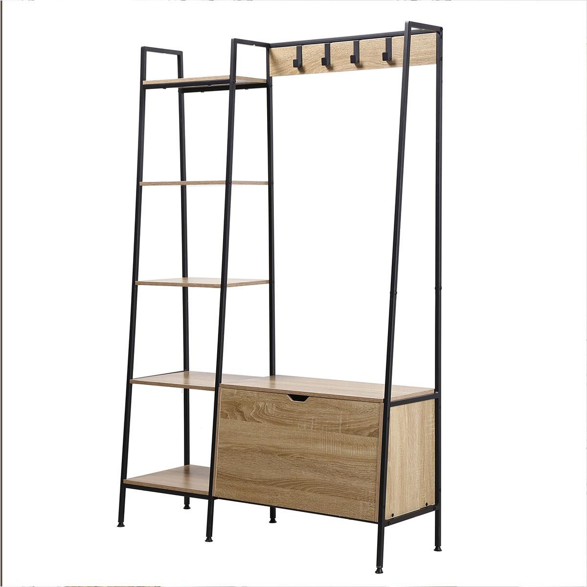 GARDEROBENSTÄNDER mit 5 Regalen, Schuhkasten und Kleiderhaken - Eichefarben, Holzwerkstoff (35/160/20.5cm) - Calicosy