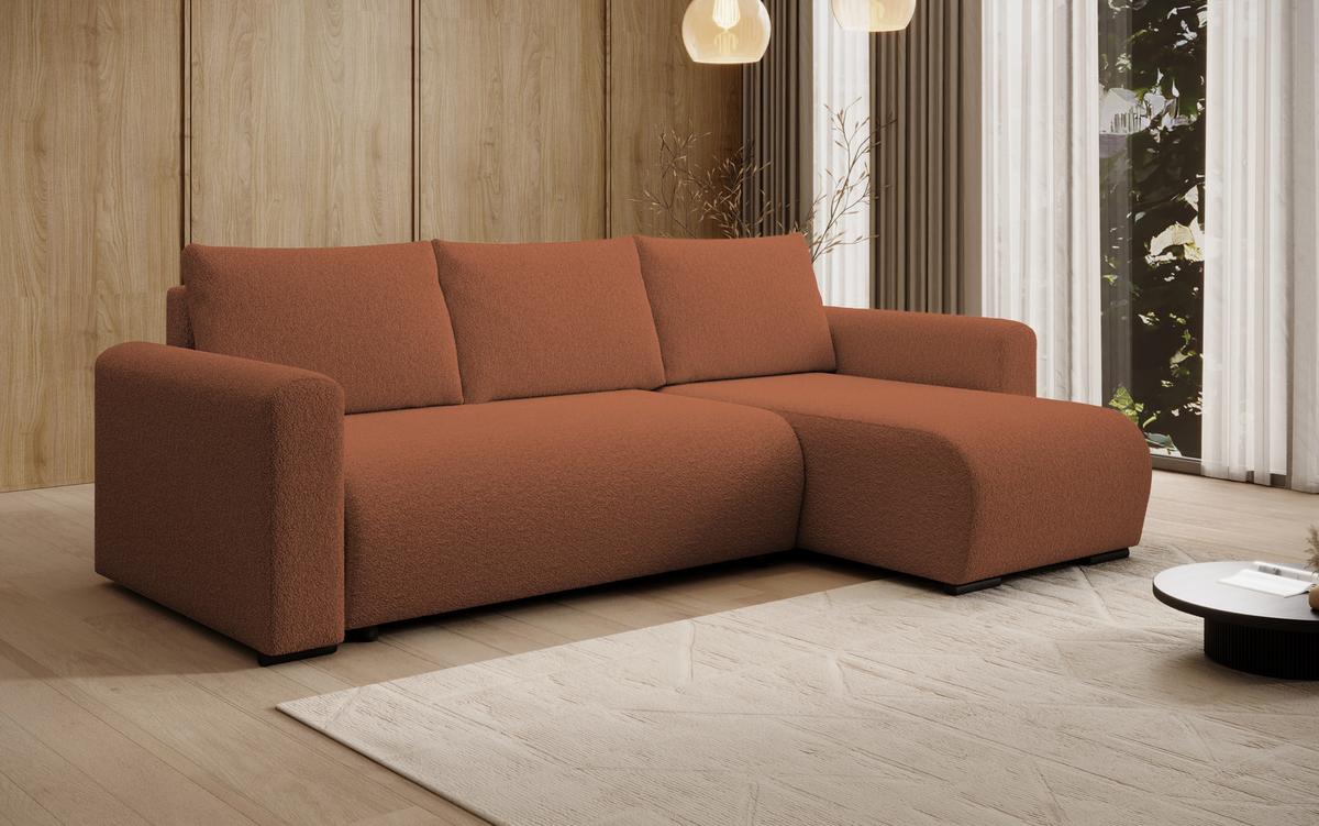 ECKSOFA DORA L, Eckcouch in L-Form mit Schlaffunktion und Bettkasten, Farbe: Orange, Bouclé-Stoff, Ottomane Rechts - Orange, Textil (240/143cm) - Storez24