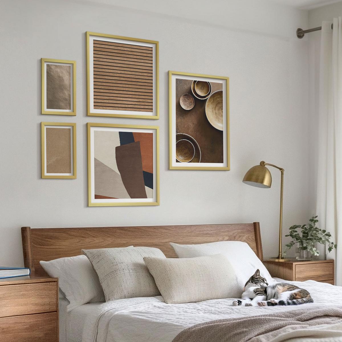 BILDER SET 5er Set - 50x50 cm & 20x30 cm & 40x60 cm Goldrahmen - Moderne Steinstrukturen - Goldfarben, Kunststoff (40/60cm) - TULUP