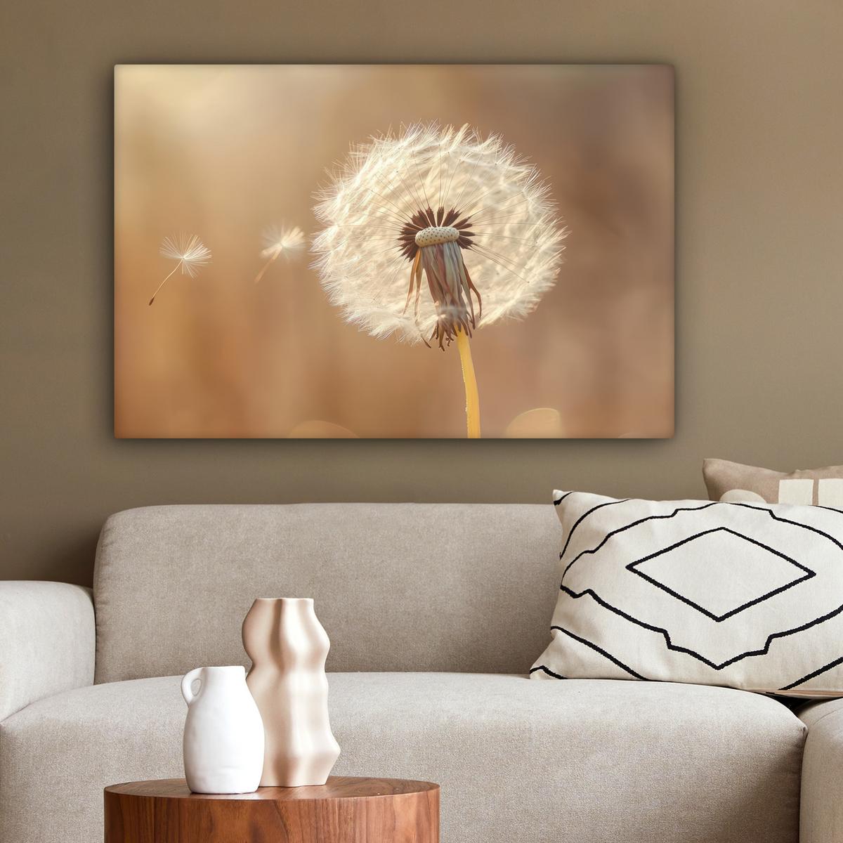 LEINWANDBILD Löwenzahn - Beige - Natur - Blume Wanddeko 90x60 cm - Hellbraun, Textil (90/60cm) - MuchoWow
