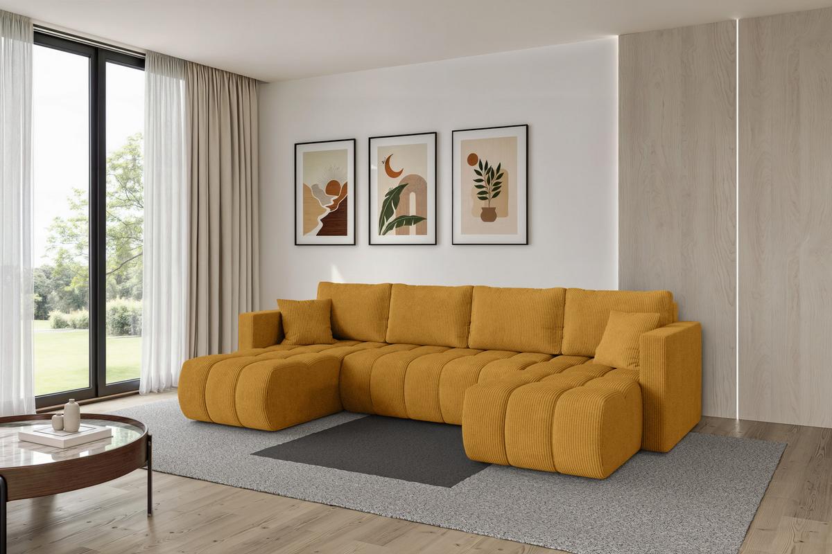 WOHNLANDSCHAFT mit Schlaffunktion und Bettkasten GARD-U 300x146x85 Senfgelb Cord - Dunkelgelb/Schwarz, Holzwerkstoff/Kunststoff (300/85/146cm) - ALTDECOR