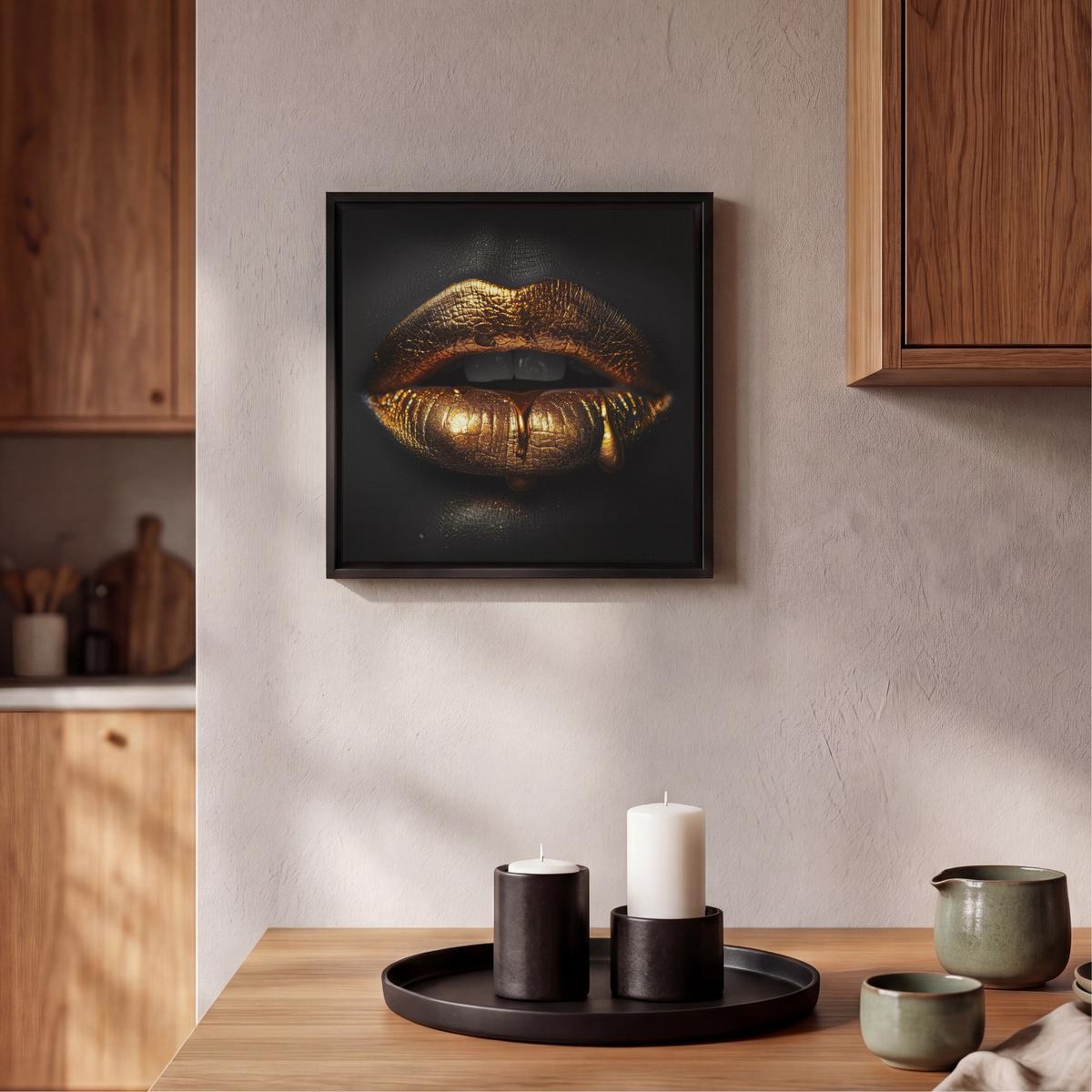 LEINWAND Bilder mit Rahmen - Frau - Porträt - Lippen - Gold - Schwarz - 20x20 - Schwarz, Textil (20/20cm) - MuchoWow