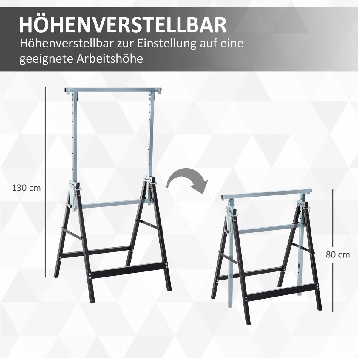 2 x Gerüstbock höhenverstellbar Unterstellbock Klappbock bis 200kg Stahl Schwarz - Schwarz, Metall (68/58/130cm) - HOMCOM