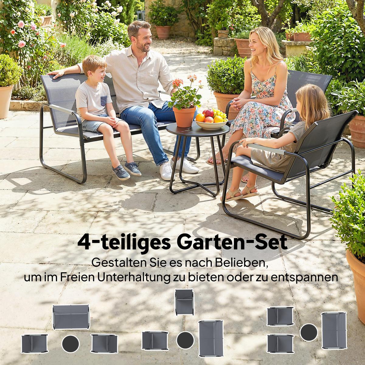 BALKONMÖBEL-SET 4er Set Verzinkter-Stahl Netzstoff Grau - Schwarz/Grau, Textil/Metall - Outsunny