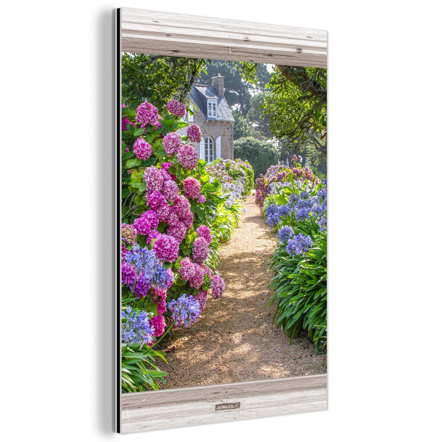 METALLBILD Hortensie - Durchsichtig - Blumen - Sommer - Lila - Weg Deko Wohnzimmer 60x90 cm - Lila, Metall (60/90cm) - MuchoWow