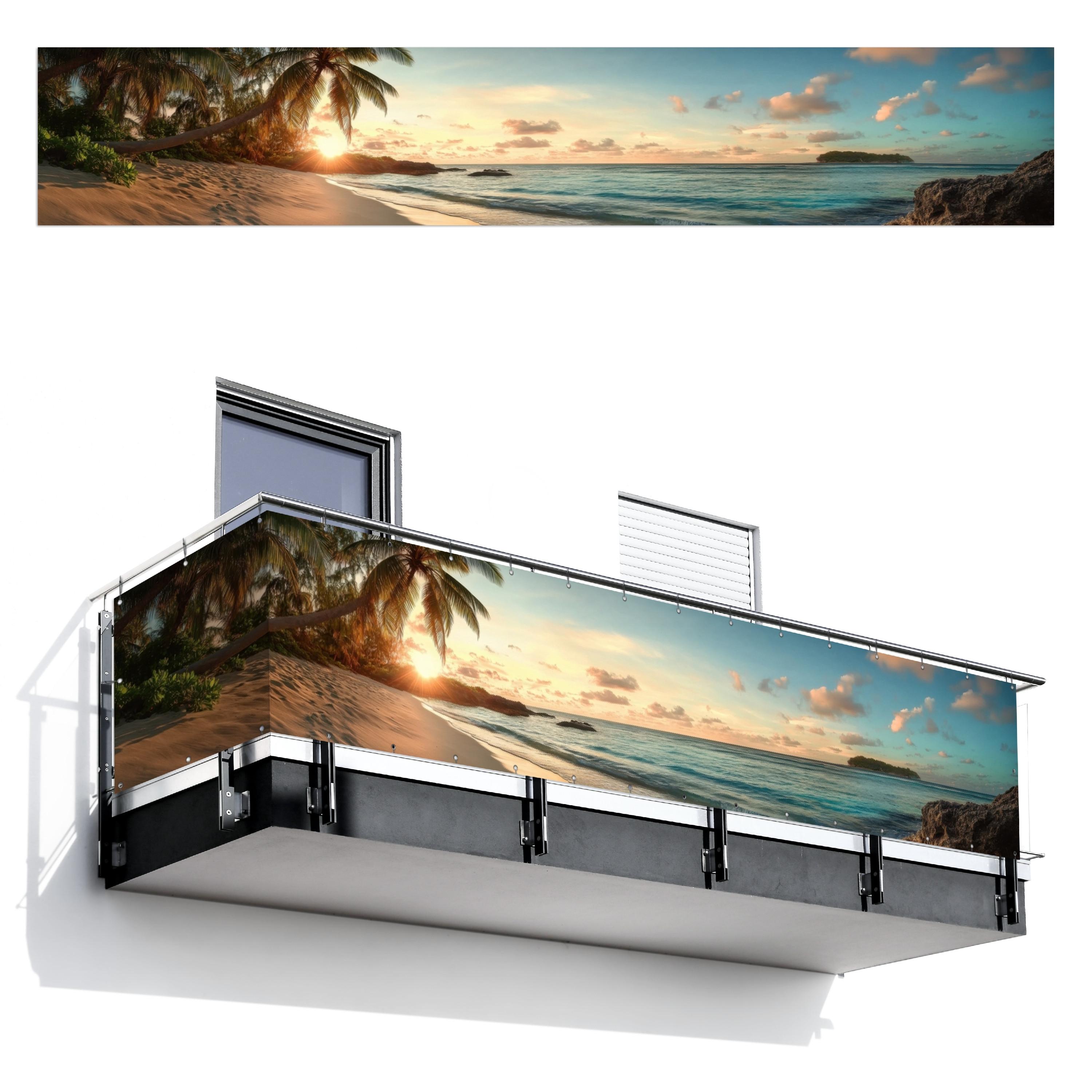 BALKON-SICHTSCHUTZ Strand - Palmen - Meer - Sonnenuntergang Groß 500x90 cm - Samtahornfarben, Kunststoff (500/90cm) - MuchoWow