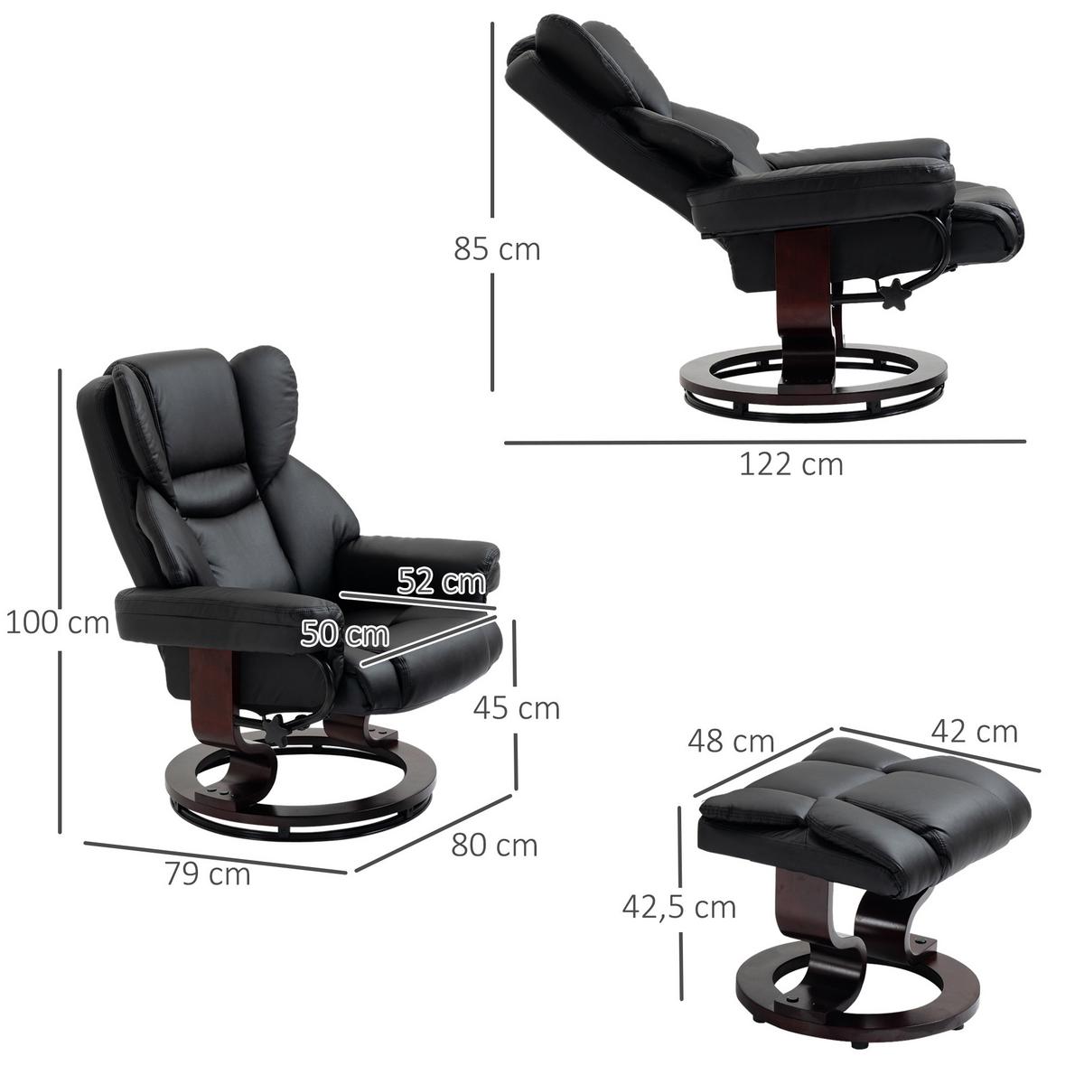 RELAXSESSEL mit Hocker, drehbarer Fernsehsessel, TV-Sessel mit Liegefunktion - Schwarz, Leder/Holz (79/100/80cm) - HOMCOM