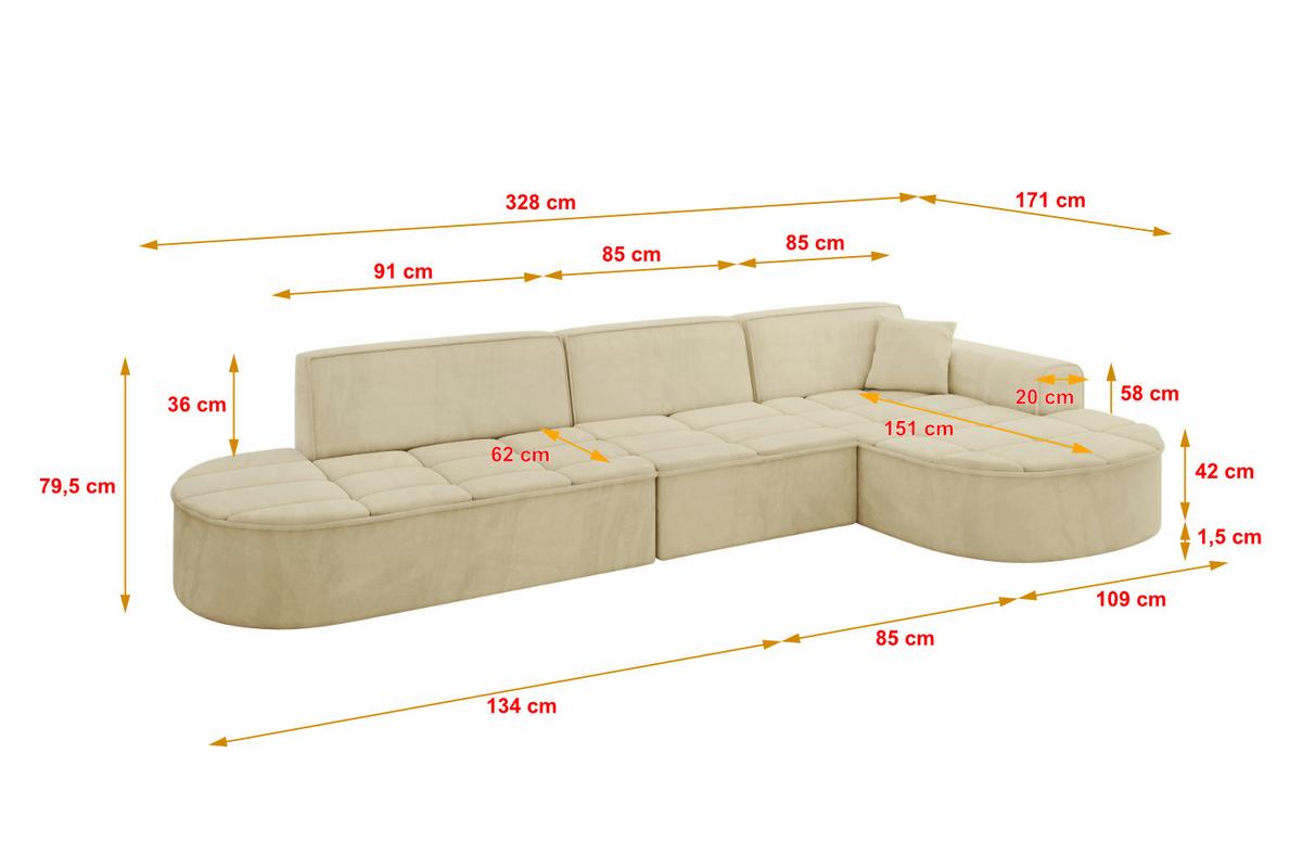 ECKSOFA Ottomane Rechts TARO-L2 - 328x171x79,5 cm Beige - Beige, Holzwerkstoff/Textil (328/171cm) - ALTDECOR