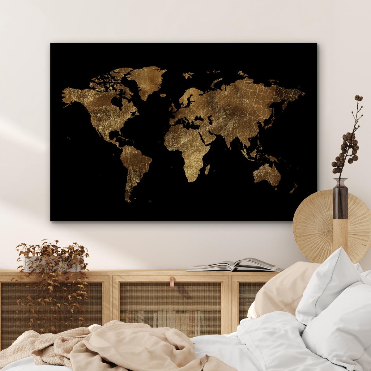 METALLBILD Weltkarte - Gold - Luxus - Erde - Schwarz Deko Groß 120x80 cm - Goldfarben, Metall (120/80cm) - MuchoWow