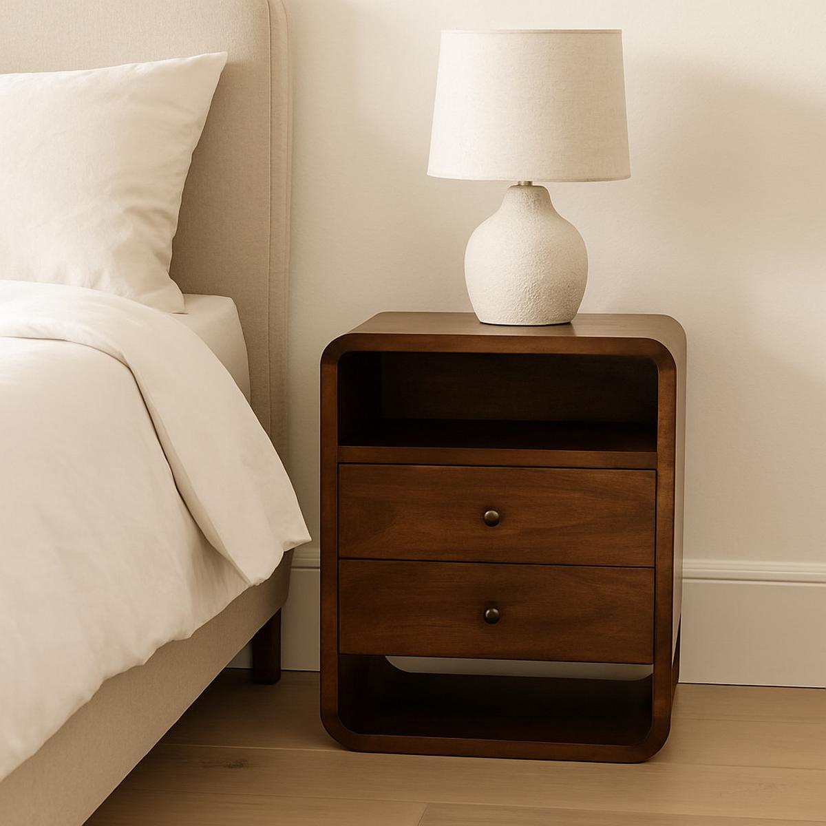 NACHTKASTEN Kastanie Geschwungen, 2 Schubladen und 2 Offene Fächer, Dunkelbraun - Dunkelbraun/Messingfarben, Holz/Metall (40/55/35cm) - Artisan Furniture