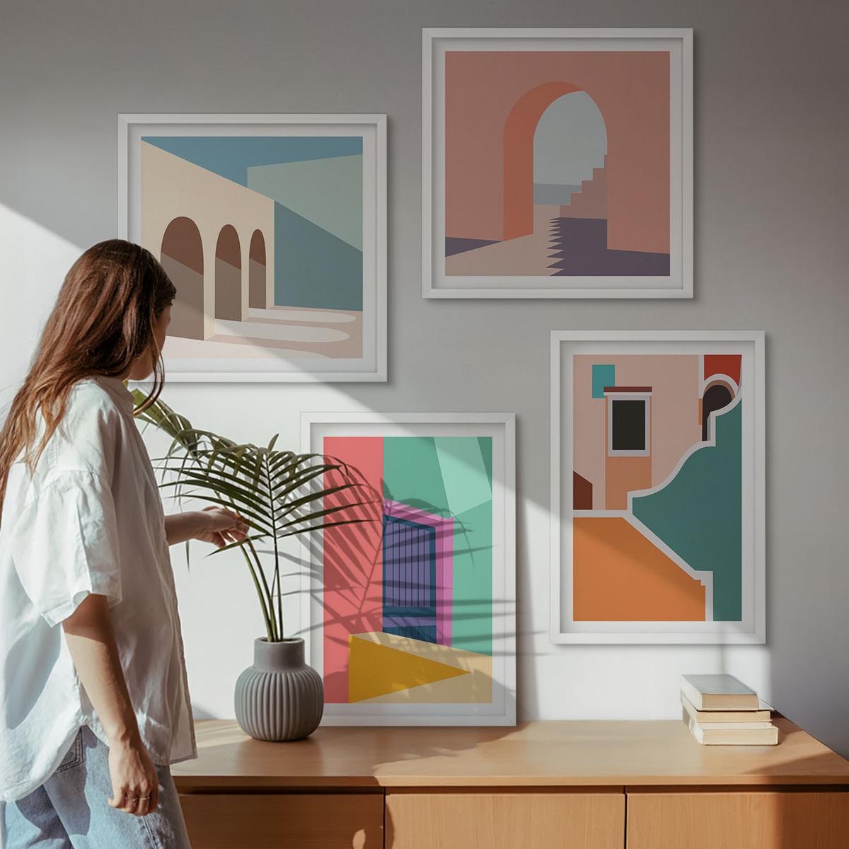 BILDER SET 4er Set - 50x50 cm & 40x60 cm Weißer Rahmen - Farbenfrohe Illustrationen der Stadt - Weiß, Kunststoff (50/50cm) - TULUP
