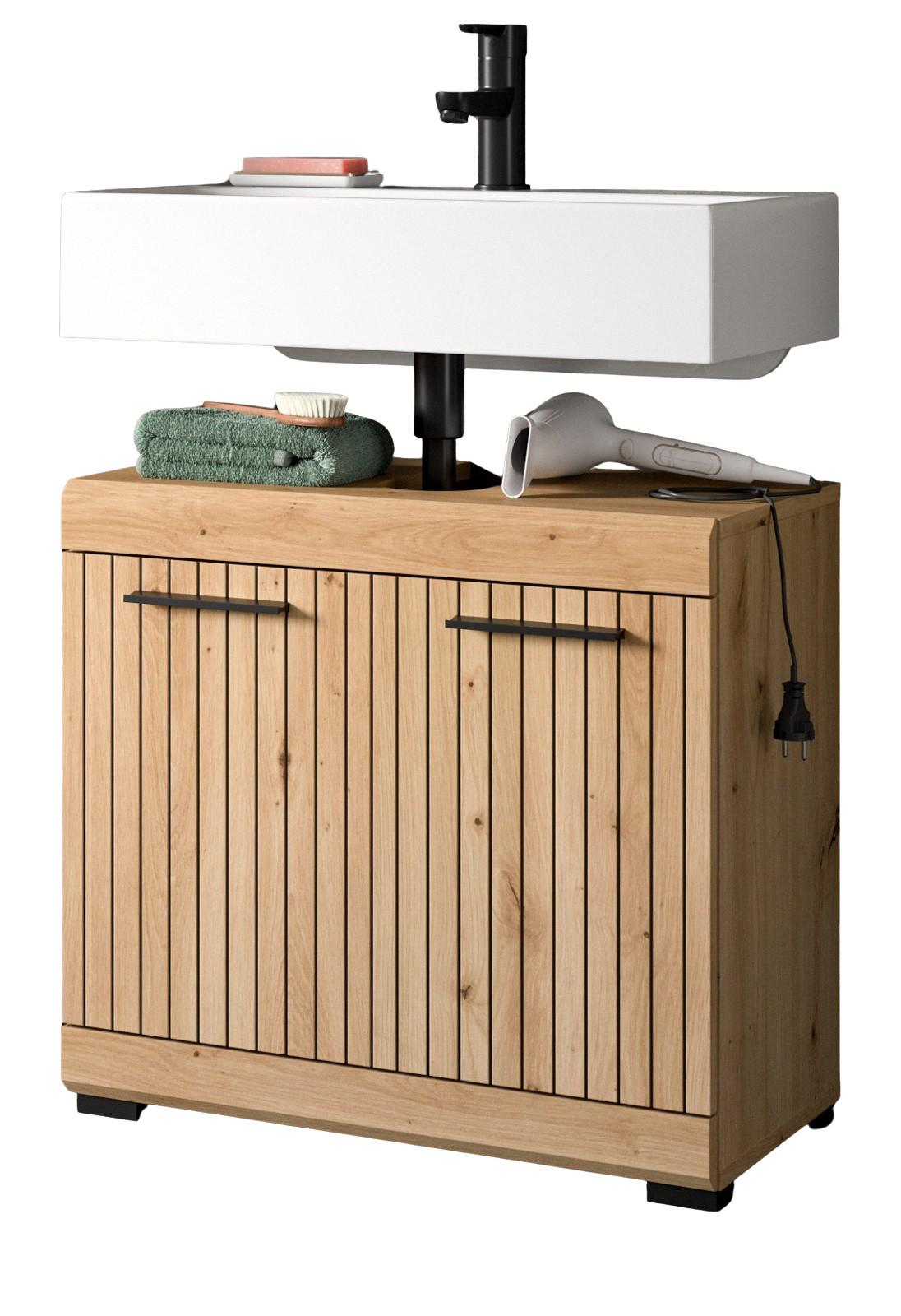 WASCHBECKENUNTERSCHRANK Eiche Artisan 60 cm, Badezimmer Unterschrank 2-türig - Schwarz/Eiche Artisan, Holzwerkstoff/Kunststoff (60/56/34cm) - Inn.Furn